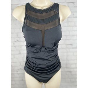 NWOT Cacelin Black Mesh High Neck Deep V Ruching One Piece Women's Swimsuit S